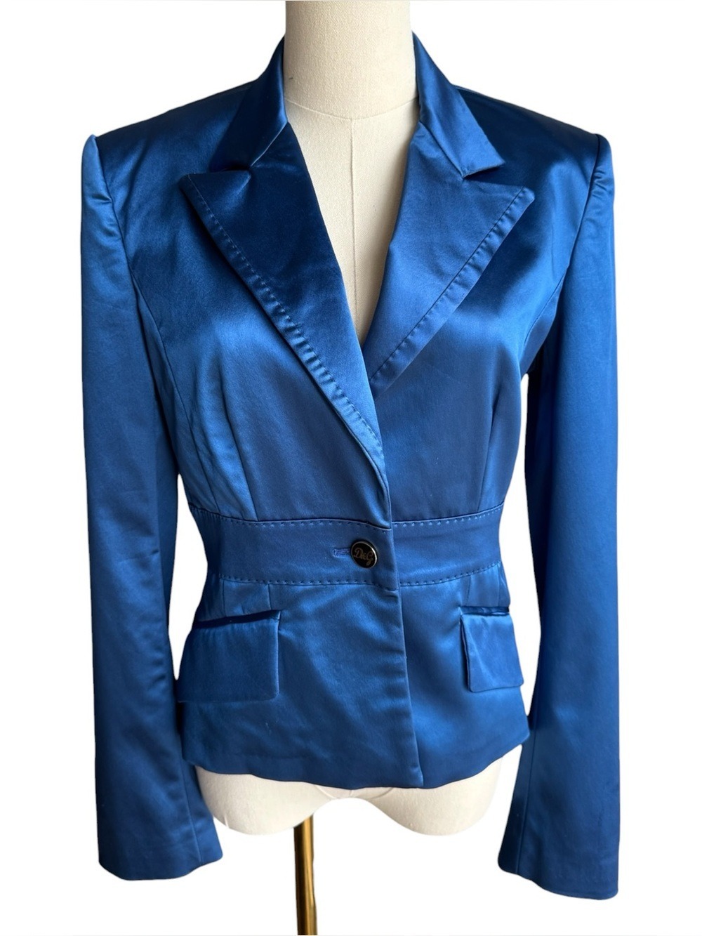 D&G Dolce Gabbana Cobalt Blue Satin Blazer Sz 6 IT44 Small Y2K Jacket Coat Italy